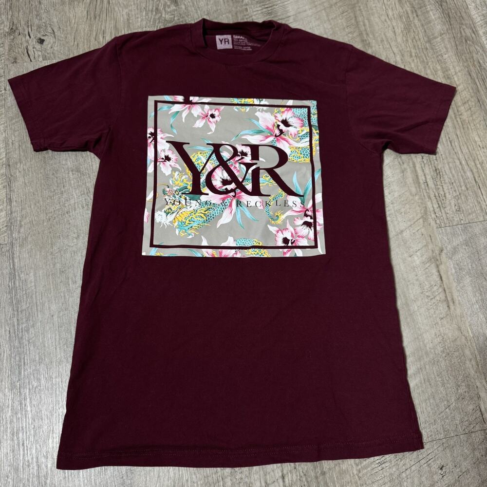 Young & Reckless Shirt Mens Small Burgundy Floral Tropical Graphic Tee Y&R